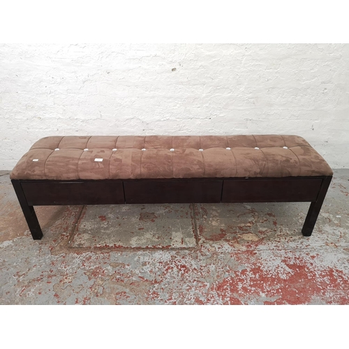 1118 - A contemporary meranti hardwood and brown suede bench with three drawers  - approx. 50cm high x 160c... 