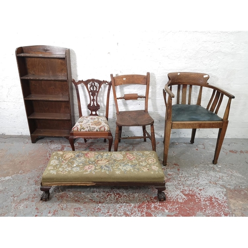 1126 - Five pieces of furniture, 1920's oak five tier bookcase, 1930's oak and green vinyl desk chair, Vict... 