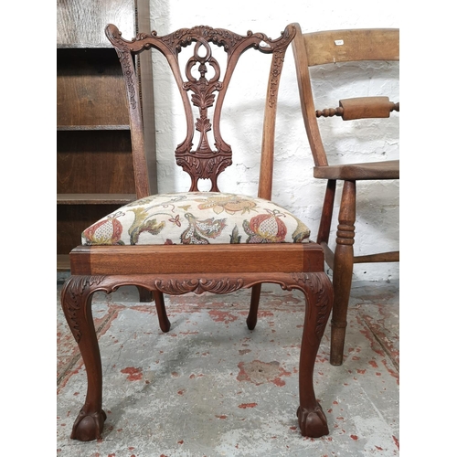 1126 - Five pieces of furniture, 1920's oak five tier bookcase, 1930's oak and green vinyl desk chair, Vict... 