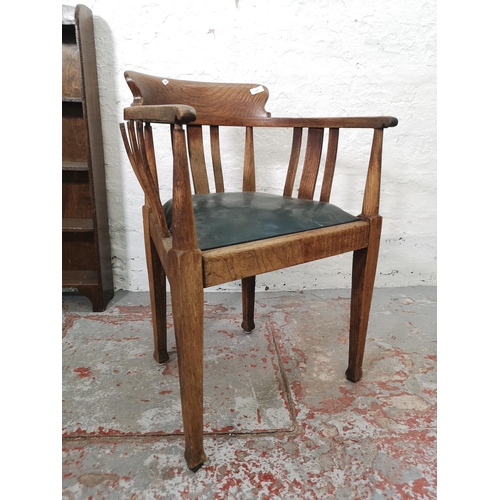 1126 - Five pieces of furniture, 1920's oak five tier bookcase, 1930's oak and green vinyl desk chair, Vict... 