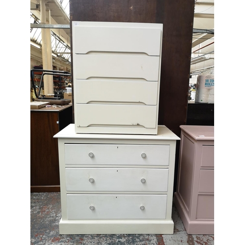 1150 - Two white painted chests of drawers, one three drawer - approx. 81cm high x 91cm wide x 45cm deep an... 