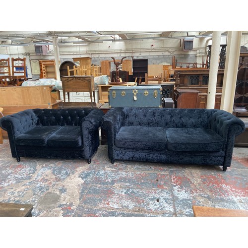 1008 - Two modern black crushed velvet sofas - largest approx. 80cm high x 207cm wide x 88cm deep