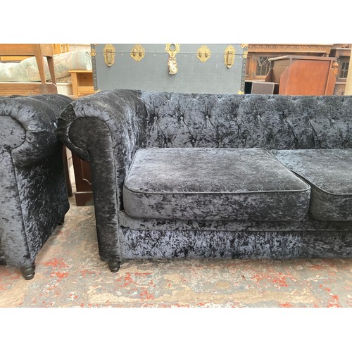 1008 - Two modern black crushed velvet sofas - largest approx. 80cm high x 207cm wide x 88cm deep