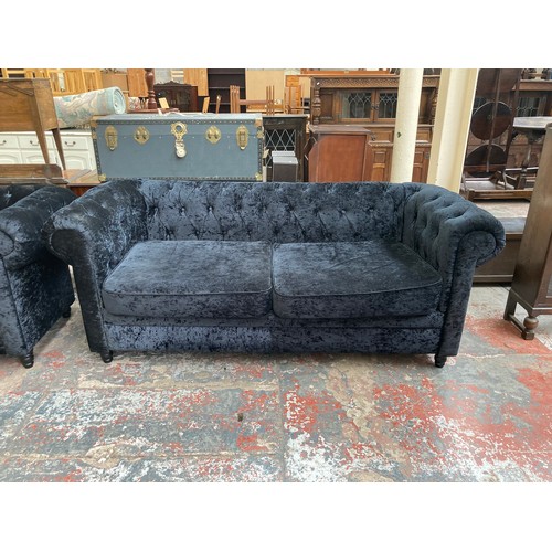 1008 - Two modern black crushed velvet sofas - largest approx. 80cm high x 207cm wide x 88cm deep