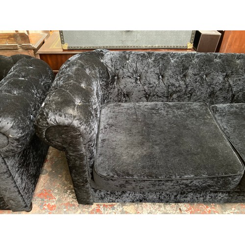 1008 - Two modern black crushed velvet sofas - largest approx. 80cm high x 207cm wide x 88cm deep