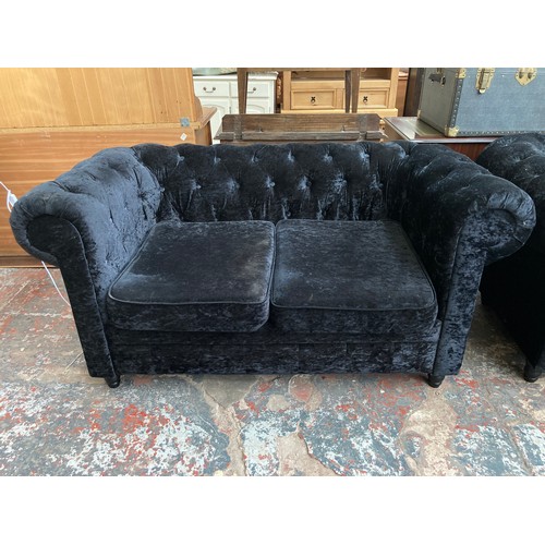 1008 - Two modern black crushed velvet sofas - largest approx. 80cm high x 207cm wide x 88cm deep