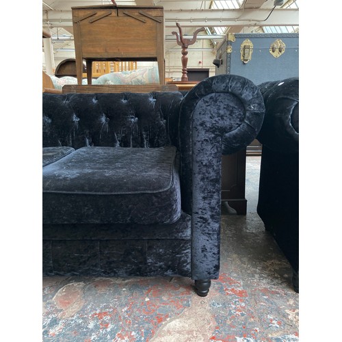 1008 - Two modern black crushed velvet sofas - largest approx. 80cm high x 207cm wide x 88cm deep