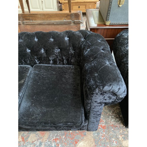 1008 - Two modern black crushed velvet sofas - largest approx. 80cm high x 207cm wide x 88cm deep