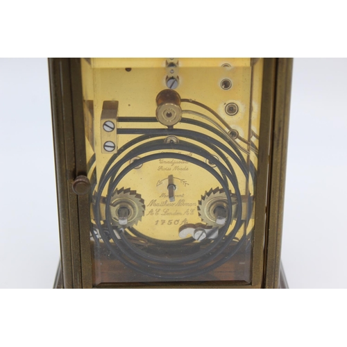 803 - A vintage Matthew Norman heavy brass cased key wind quarter repeating carriage clock with key - appr... 