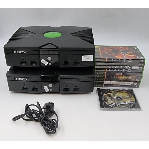 1500 - Two Xbox Original consoles and games to include Halo, Halo 2, Hitman, Medal of Honour, Call of Duty ... 