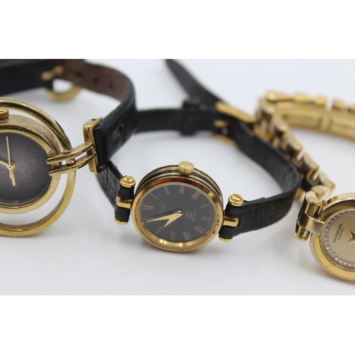 2427 - Three gold tone quartz women's wristwatches, one Gucci, one Raymond Weil and one Vivienne Westwood