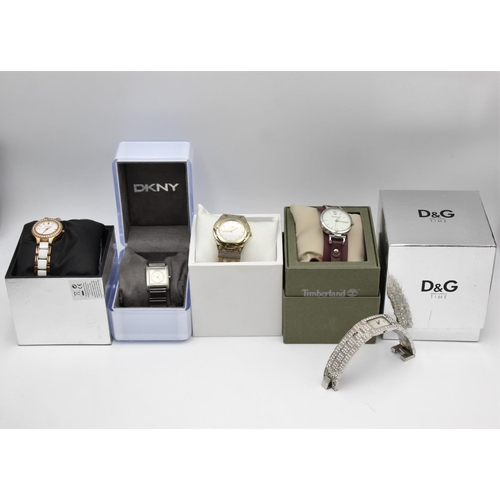 2448 - Five boxed quartz women's wristwatches, two DKNY, one Timberland, one D&G and one Storm