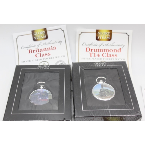 2467 - Five Glory of Steam quartz pocket watches in sealed original boxes to include Drummond T14, Britanni... 