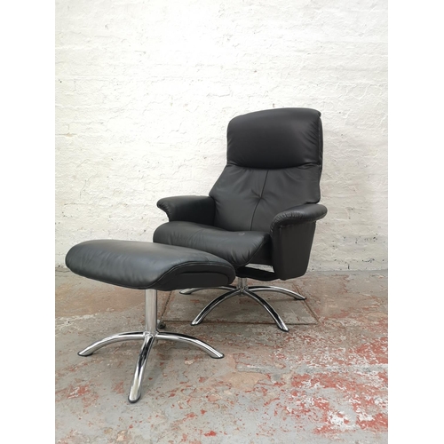 1072D - A Stressless style black leatherette and chrome effect swivel armchair with matching footstool - app... 