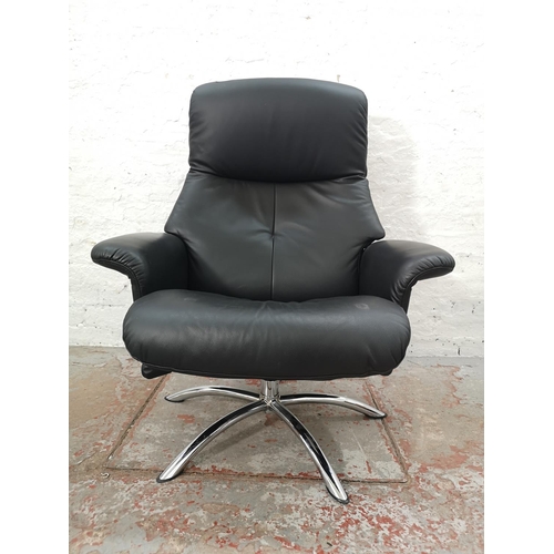 1072D - A Stressless style black leatherette and chrome effect swivel armchair with matching footstool - app... 