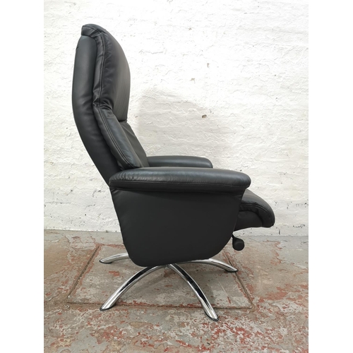 1072D - A Stressless style black leatherette and chrome effect swivel armchair with matching footstool - app... 