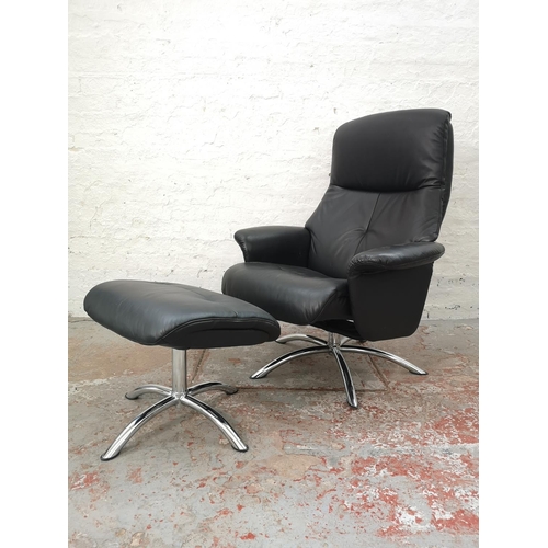 1072E - A Stressless style black leatherette and chrome effect swivel armchair with matching footstool - app... 