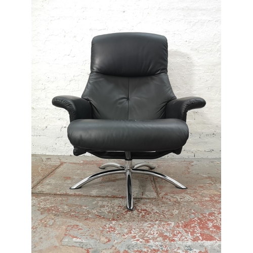 1072E - A Stressless style black leatherette and chrome effect swivel armchair with matching footstool - app... 