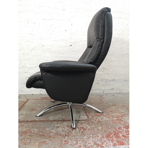 1072E - A Stressless style black leatherette and chrome effect swivel armchair with matching footstool - app... 