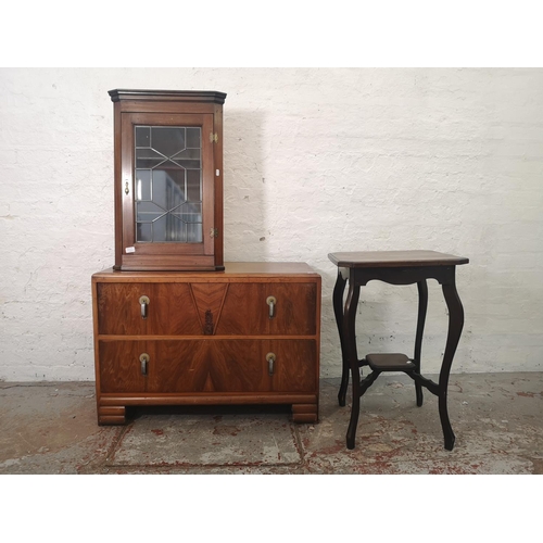 1082A - Three pieces of furniture, mahogany wall mountable corner cabinet - approx. 76cm high x 49cm wide x ... 