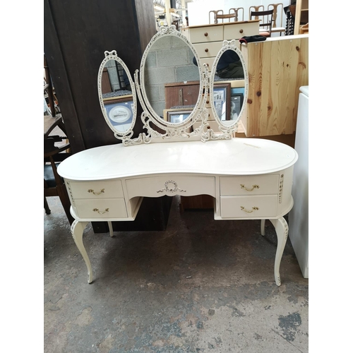 1131A - A French style white painted kidney shaped dressing table with five drawers and upper three section ... 