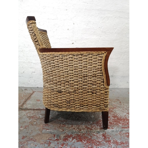 1155A - A modern hardwood and wicker armchair - approx. 90cm high x 62cm wide x 59cm deep