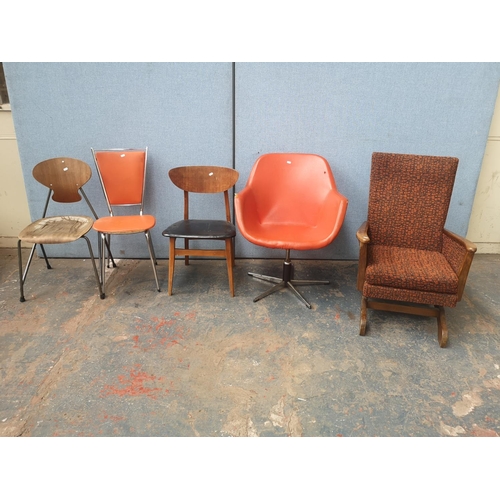 1169 - Five various mid 20th century chairs to include Danish bentwood and grey metal stacking chair, orang... 