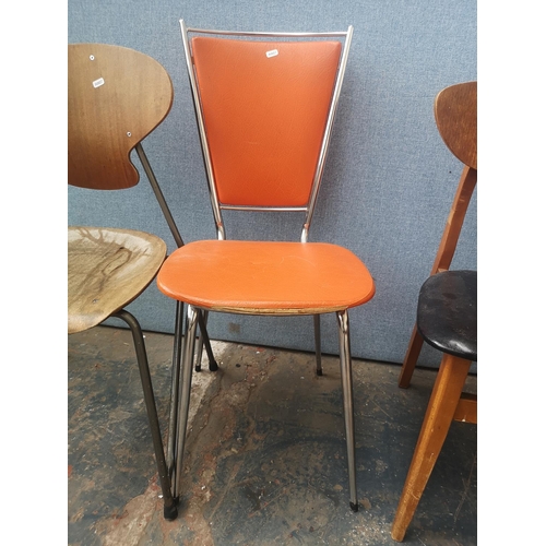 1169 - Five various mid 20th century chairs to include Danish bentwood and grey metal stacking chair, orang... 