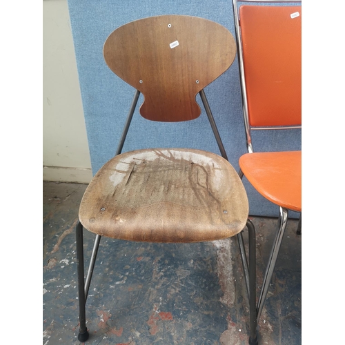 1169 - Five various mid 20th century chairs to include Danish bentwood and grey metal stacking chair, orang... 