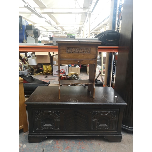 1171 - Two pieces of mid 20th century oak furniture, one sewing box with contents - approx. 58cm high x 41c... 