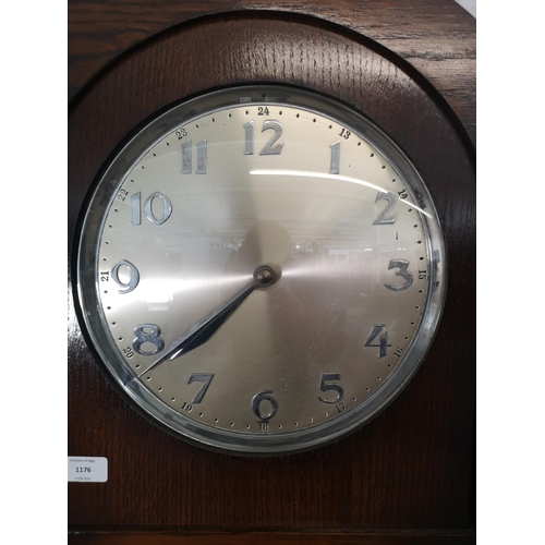 1176 - An Art Deco oak cased Grandfather clock with pendulum and three weights - approx. 196.5cm high x 48c... 