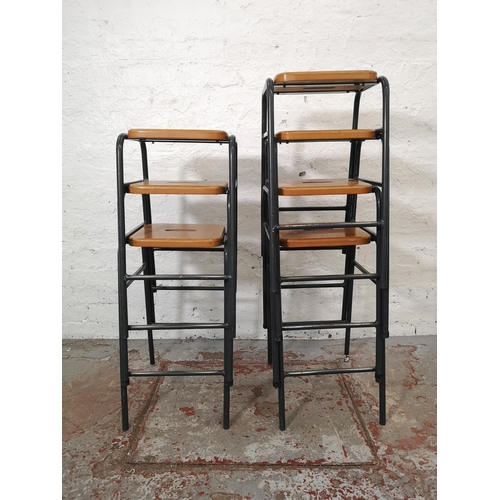 1180 - Seven Metalliform polished MDF beech and metallic traditional laboratory stools - approx. 64cm high ... 