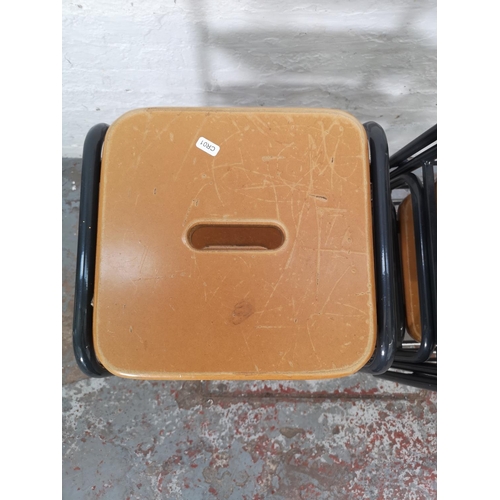 1180 - Seven Metalliform polished MDF beech and metallic traditional laboratory stools - approx. 64cm high ... 