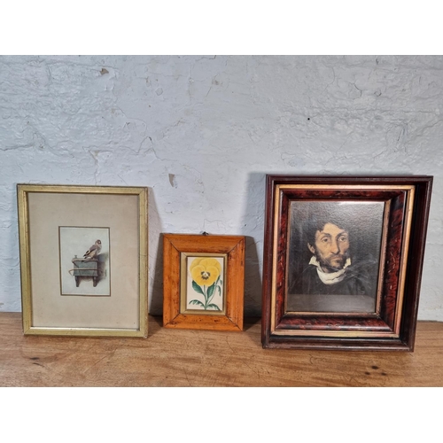 1206 - Three framed pictures, 19th century style portrait print approx. 36cm x 31cm, watercolour of a yello... 