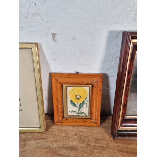 1206 - Three framed pictures, 19th century style portrait print approx. 36cm x 31cm, watercolour of a yello... 