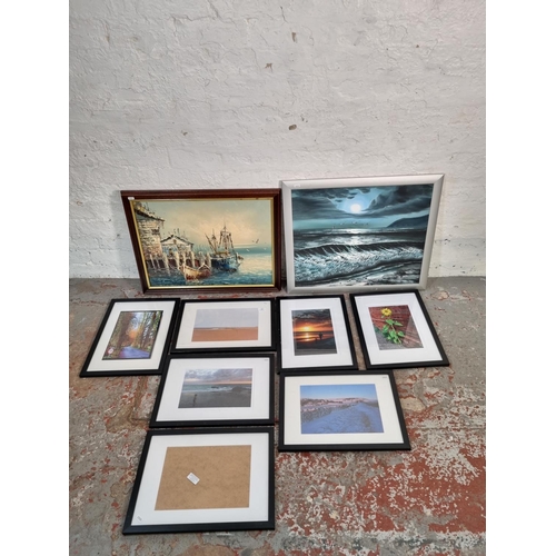 1210 - Nine framed paintings and photographs to include stormy sea oil painting signed lower right, harbour... 