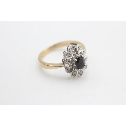 2154 - A 9ct gold diamond framed sapphire floral set halo ring, size P - approx. gross weight 3.4 grams