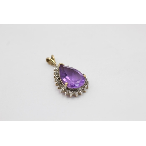 2171 - Two 9ct gold amethyst pendants. One diamond halo teardrop and one cross - approx. gross weight 4 gra... 