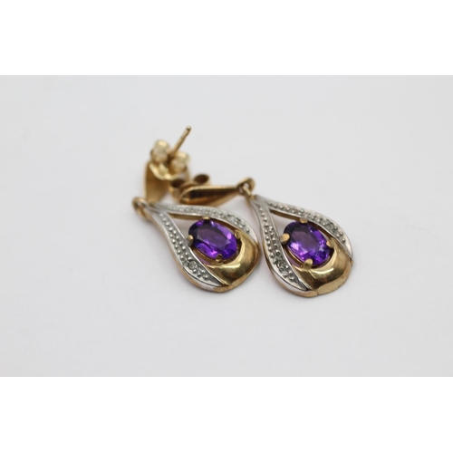 2179 - Two pairs of 9ct gold diamond and gemstone drop earrings, one amethyst and one synthetic ruby - appr... 