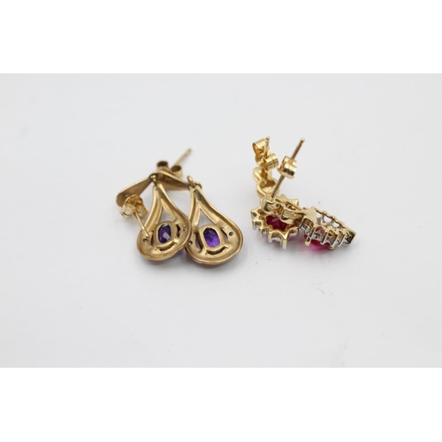 2179 - Two pairs of 9ct gold diamond and gemstone drop earrings, one amethyst and one synthetic ruby - appr... 