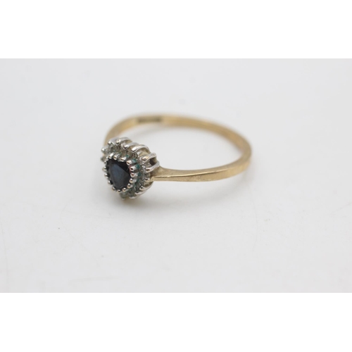 2190 - A 9ct gold diamond framed sapphire heart shaped halo ring, size O - approx. gross weight 2 grams