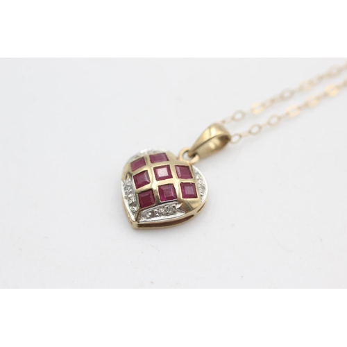 2192 - A 9ct gold ruby and diamond heart pendant on chain - approx. gross weight 1.7 grams