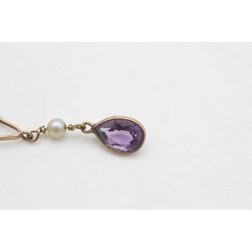 2214 - A 9ct gold amethyst and pearl drop pendant - approx. gross weight 0.8 grams