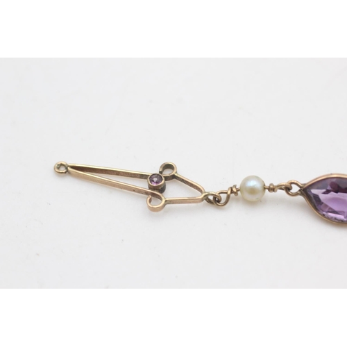 2214 - A 9ct gold amethyst and pearl drop pendant - approx. gross weight 0.8 grams