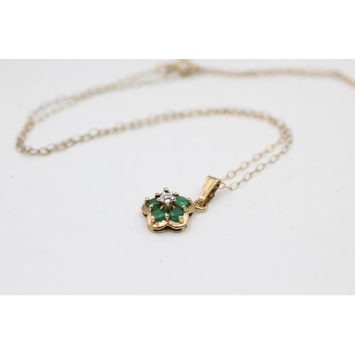 2233 - Two 9ct gold diamond and gemstone floral pendants with one 9ct gold chain - approx. gross weight 1.5... 