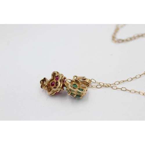 2233 - Two 9ct gold diamond and gemstone floral pendants with one 9ct gold chain - approx. gross weight 1.5... 