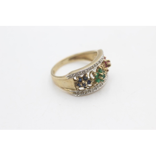 2238 - A 9ct gold ruby, emerald, sapphire and diamond fronted floral design ring, size R½ - approx. gross w... 