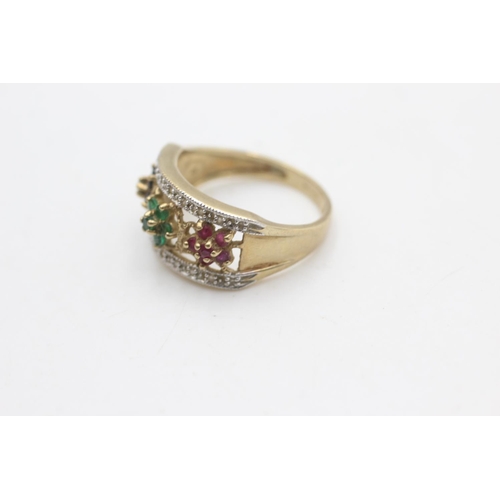 2238 - A 9ct gold ruby, emerald, sapphire and diamond fronted floral design ring, size R½ - approx. gross w... 