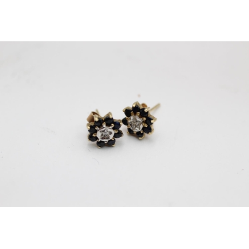 2267 - Three pairs of 9ct gold diamond and gemstone floral cluster stud earrings, two sapphire and one topa... 