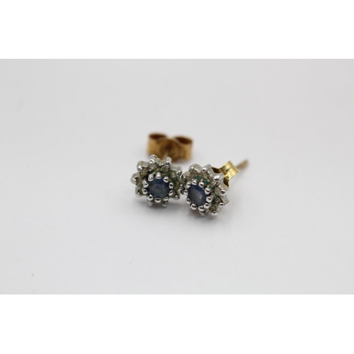 2267 - Three pairs of 9ct gold diamond and gemstone floral cluster stud earrings, two sapphire and one topa... 